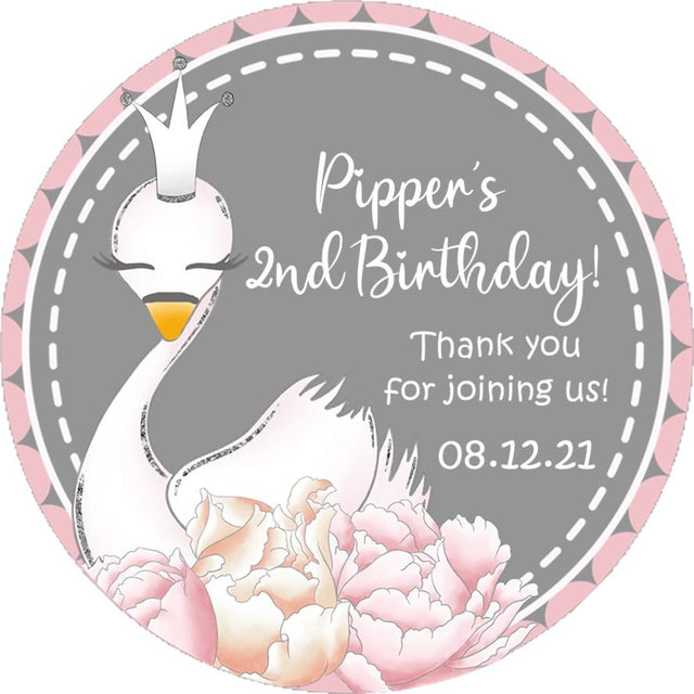 Pink floral swan birthday sticker with white swan illustration