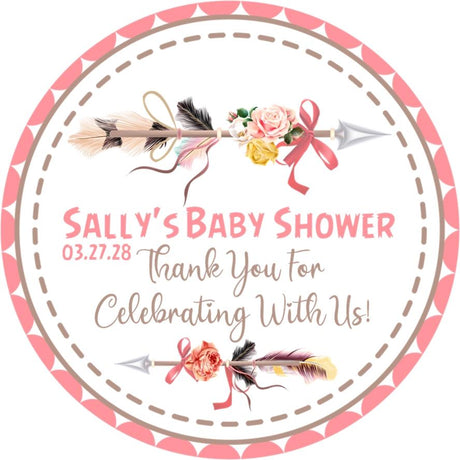 Pink floral tribal arrow baby shower sticker with watercolor flowers