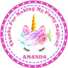 Pink floral unicorn birthday sticker with golden horn and pink mane