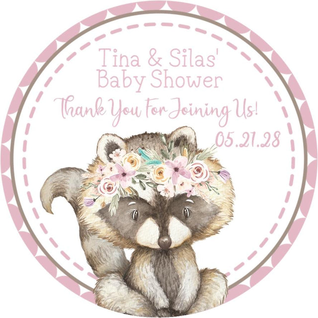 Pink floral woodland raccoon baby shower stickers.