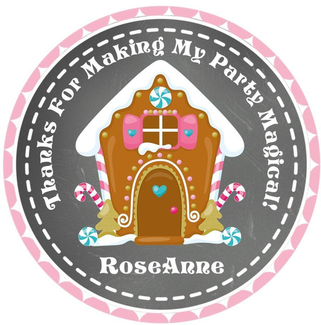 Pink gingerbread house birthday sticker for girls