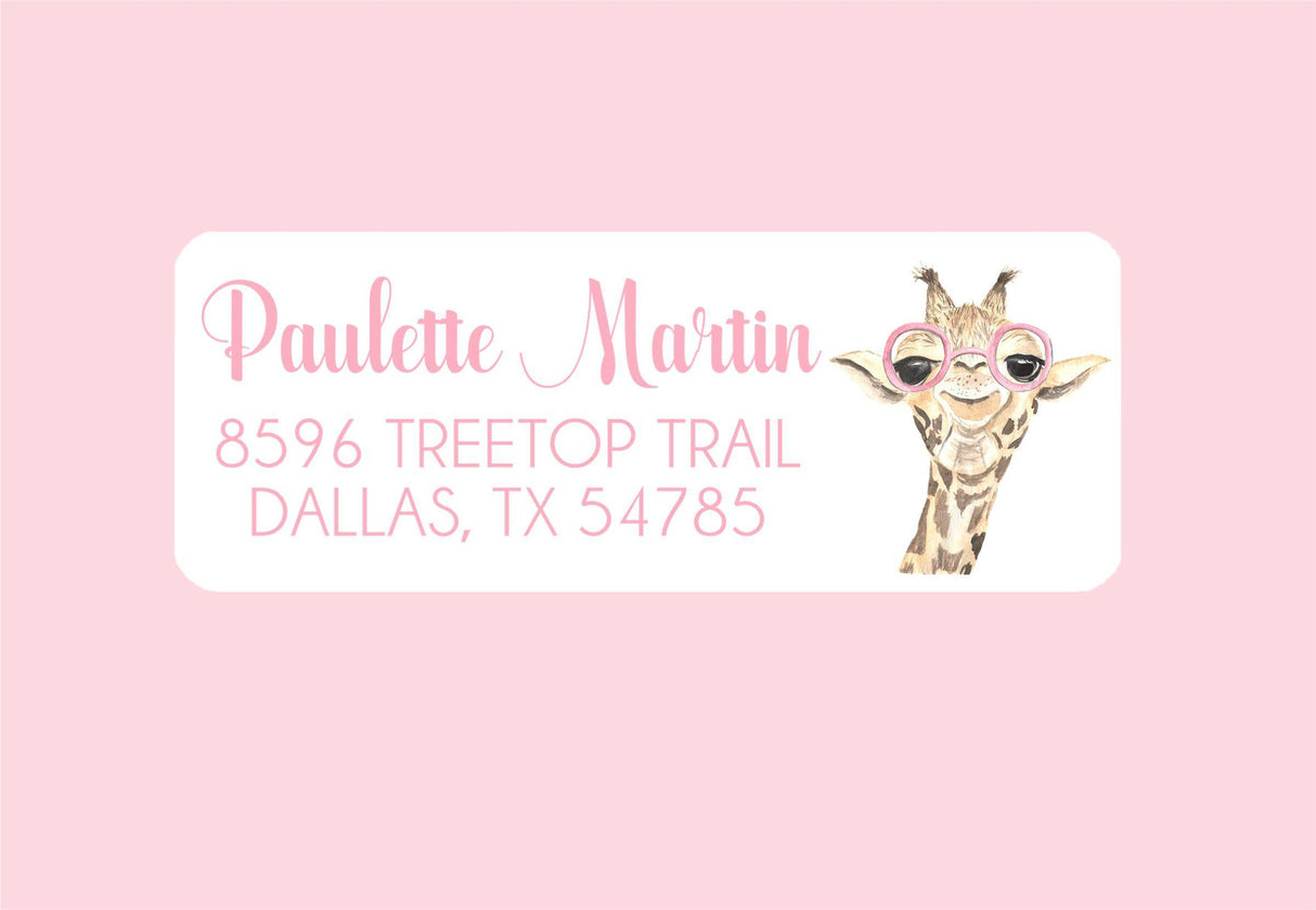 Pink giraffe personalized address labels on envelope