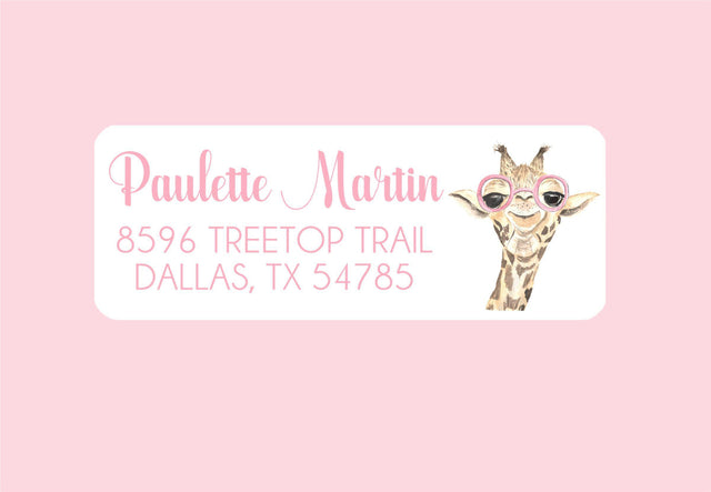 Pink giraffe personalized address labels on envelope