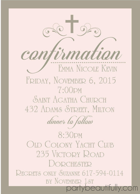 Pink gray confirmation invitation suitable for religious celebrations