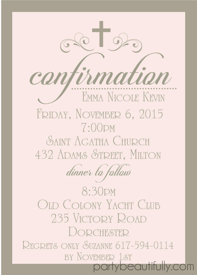 Pink gray confirmation invitation suitable for religious celebrations