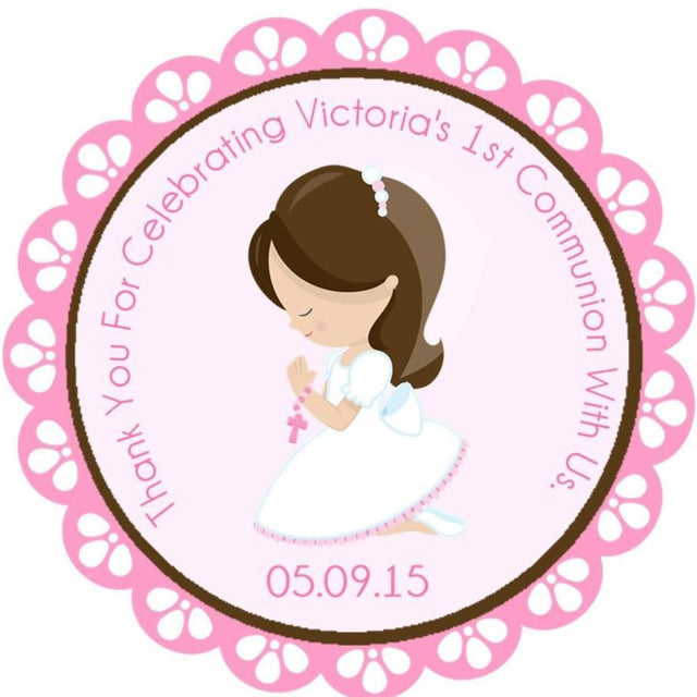Pink kneeling girl First Holy Communion sticker
