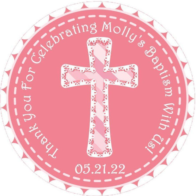 Pink lace cross Baptism sticker for girls