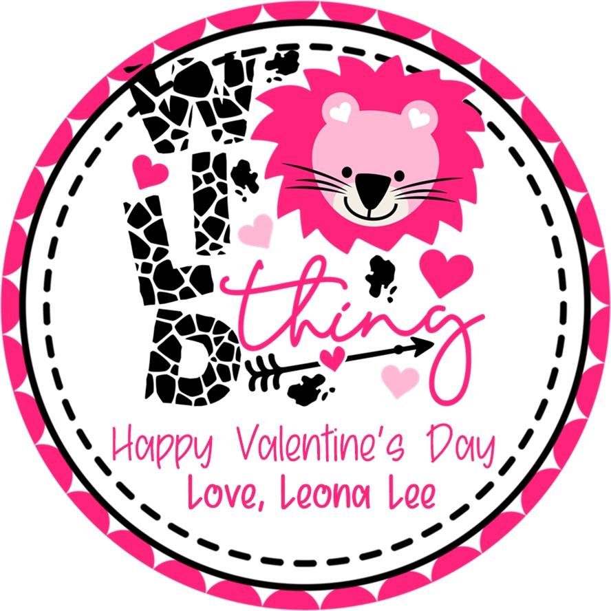 Pink lion classroom Valentine sticker with leopard print word art