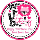Pink lion classroom Valentine sticker with leopard print word art