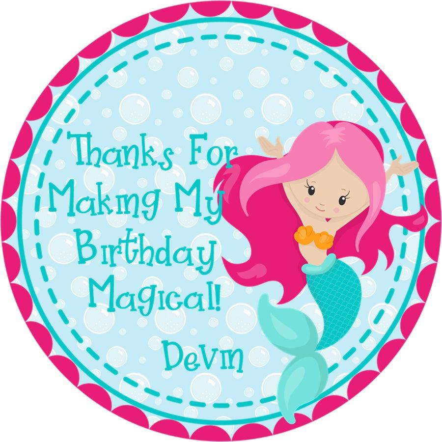 Pink mermaid party favor label with bubbly underwater background