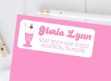 Pink milkshake address labels with retro soda shop milkshake design