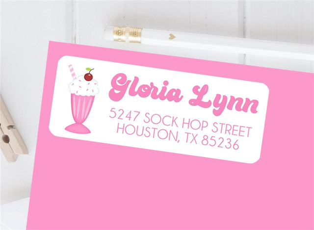 Pink milkshake address labels with retro soda shop milkshake design