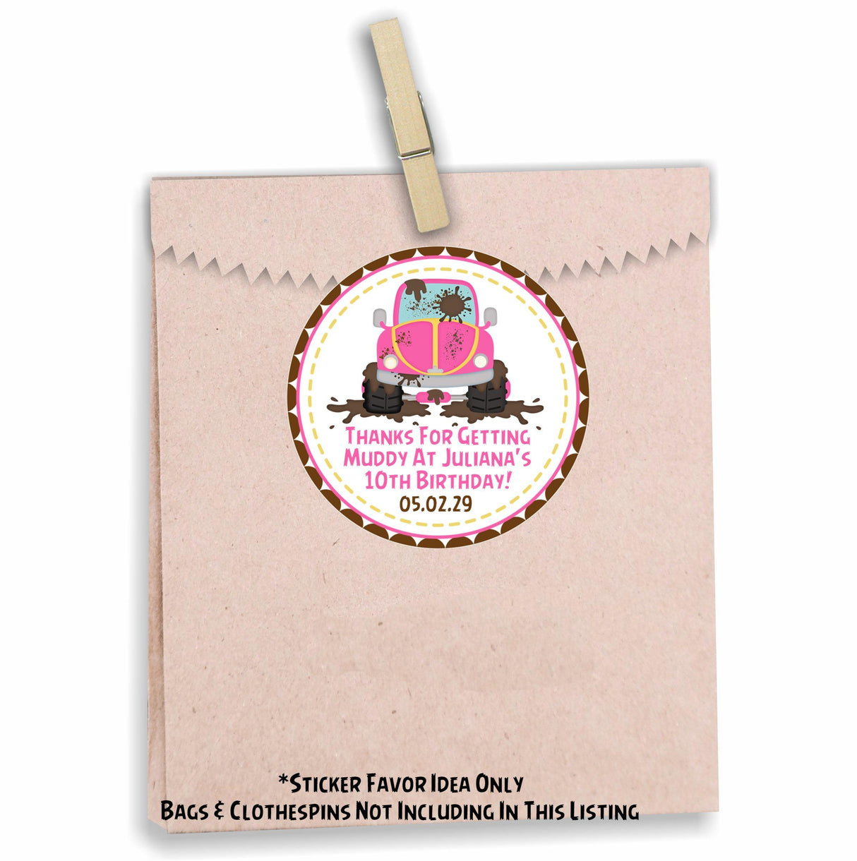 Pink mudding birthday sticker for treat bags