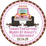 Pink mudding monster truck birthday sticker