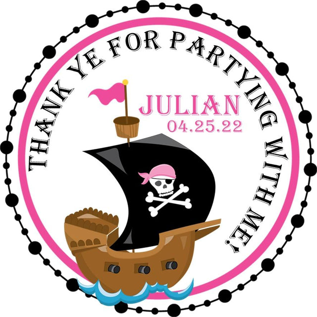 Pink pirate ship birthday sticker with pink flag and personalized wording