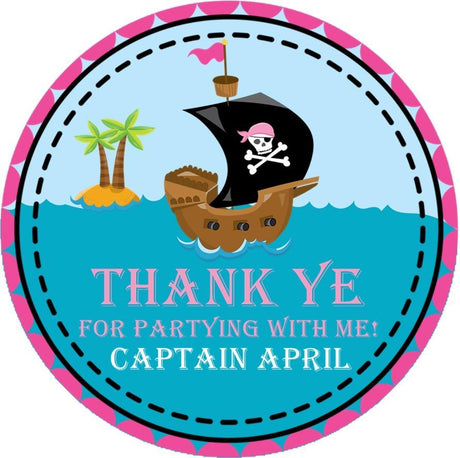 Pink pirate ship sticker with tropical island and custom text