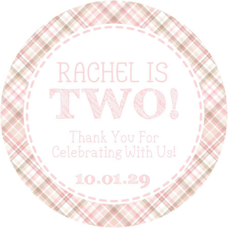 Pink plaid birthday sticker with personalized name