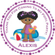 Pink pool party birthday sticker with girl character and personalized name