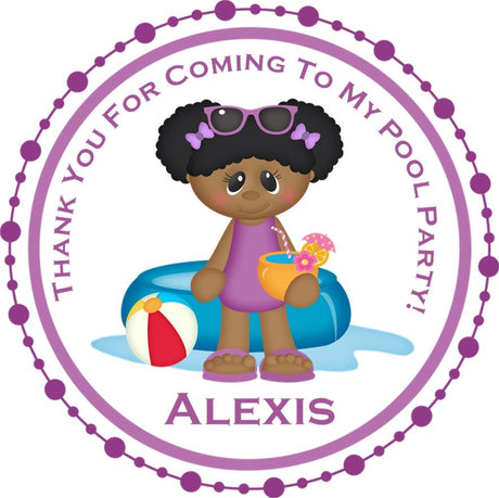 Pink pool party birthday sticker with girl character and personalized name