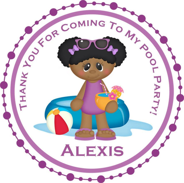 Pink pool party birthday sticker with girl character and personalized name