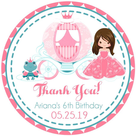 Pink princess carriage birthday sticker with customizable princess character