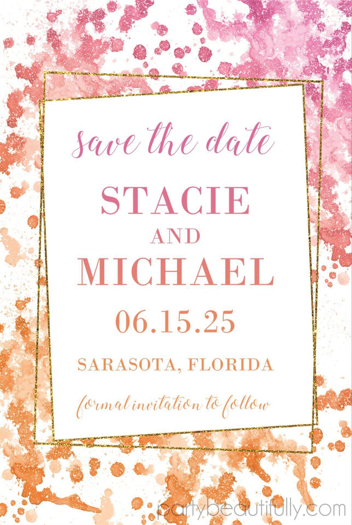 Pink purple gold wedding save the dates