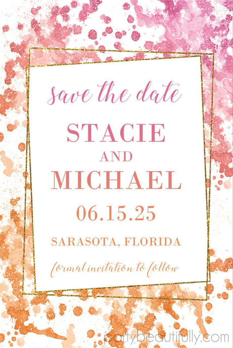 Pink purple gold wedding save the dates
