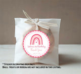Pink rainbow party favor label for girls’ birthday