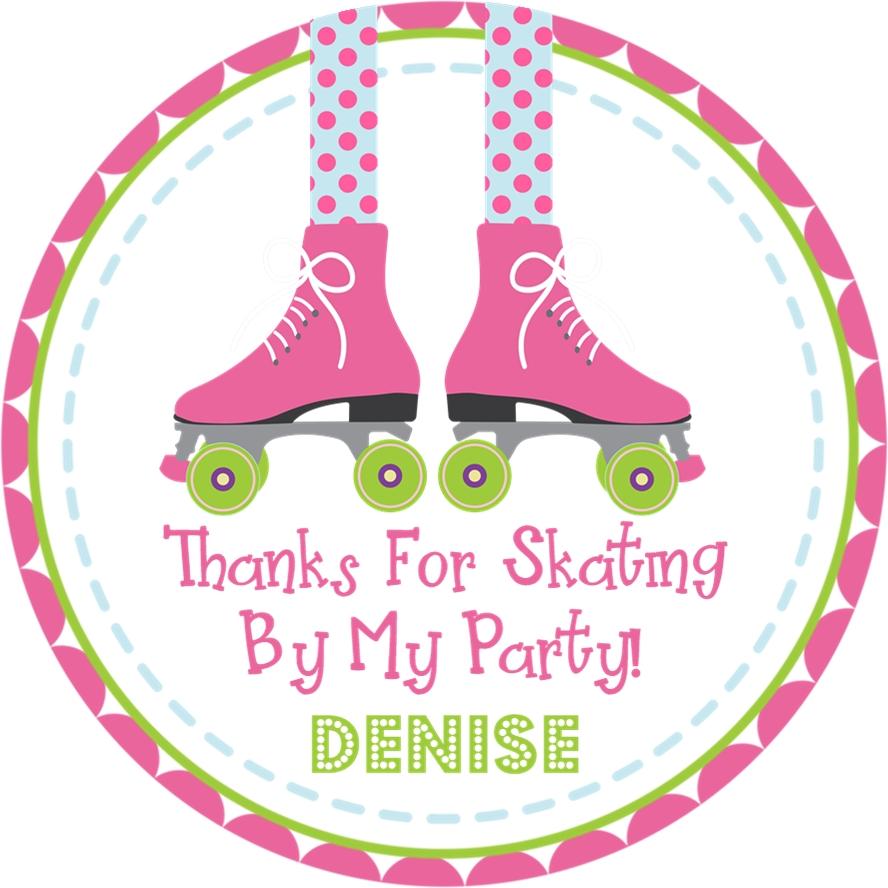 Pink roller skate birthday sticker with polka dots