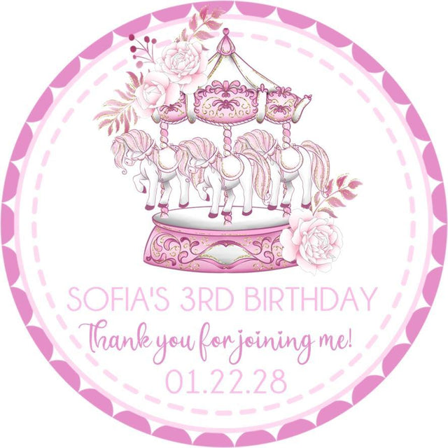 Pink rose carousel birthday sticker with floral accents