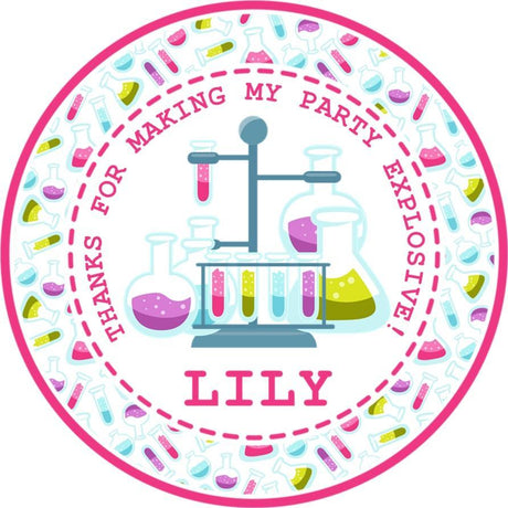 Pink science birthday sticker with colorful beakers and dotted border