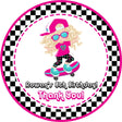 Pink skateboard birthday sticker with skater girl