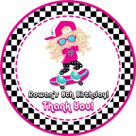 Pink skateboard birthday sticker with skater girl