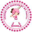 Pink softball birthday sticker with girl player illustration