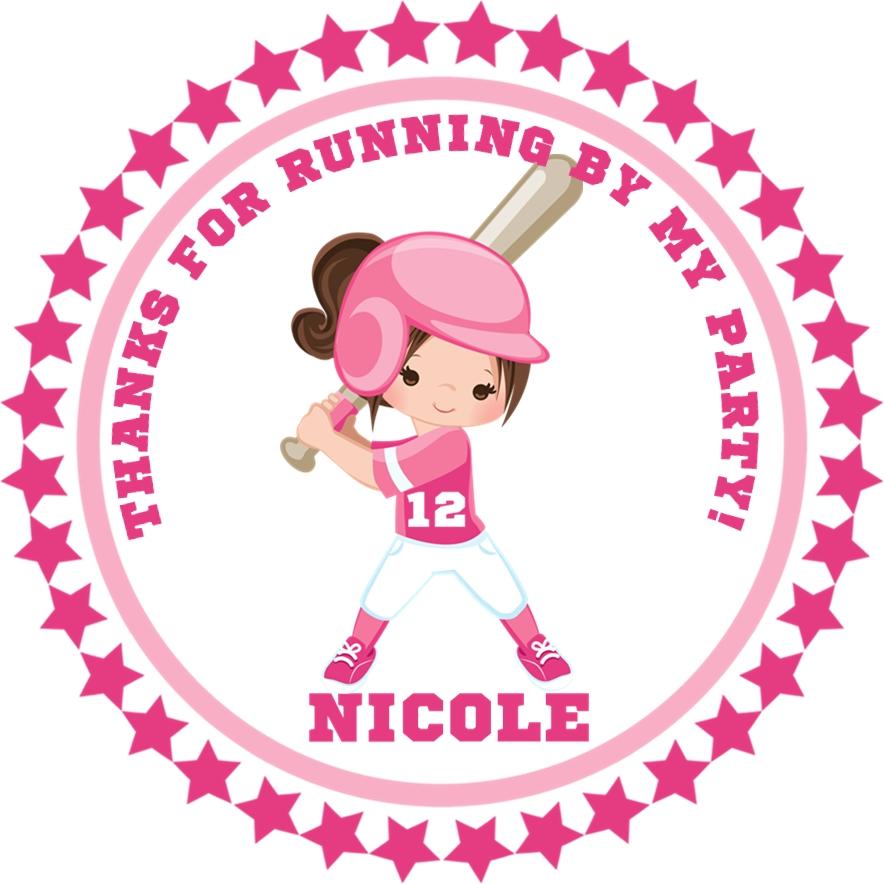 Pink softball birthday sticker with girl player illustration