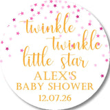 Pink star baby shower sticker with twinkle little star wording