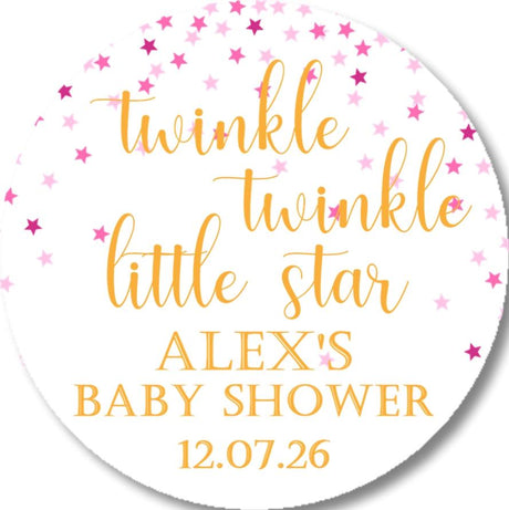 Pink star baby shower sticker with twinkle little star wording