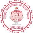 Pink strawberry ice cream sundae birthday sticker with cherry on top