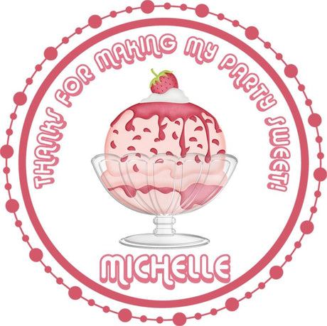 Pink strawberry ice cream sundae birthday sticker with cherry on top