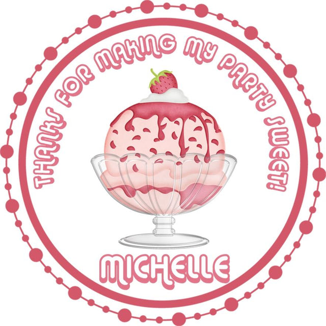 Pink strawberry ice cream sundae birthday sticker with cherry on top