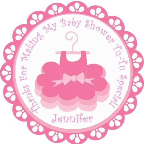 Pink tutu baby shower sticker with ballet dress design