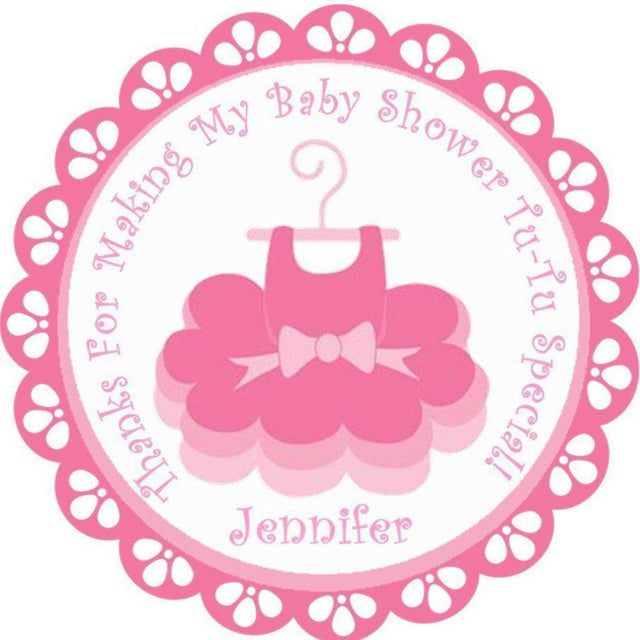 Pink tutu baby shower sticker with ballet dress design