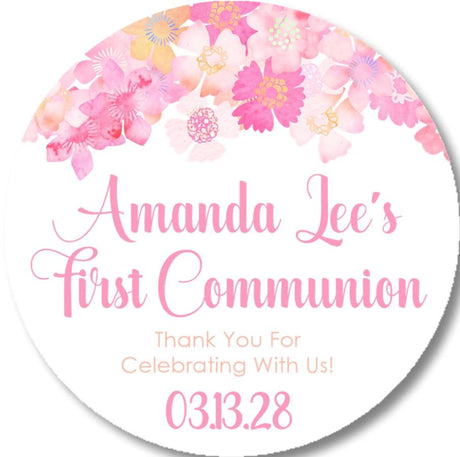 Pink watercolor floral First Communion sticker design
