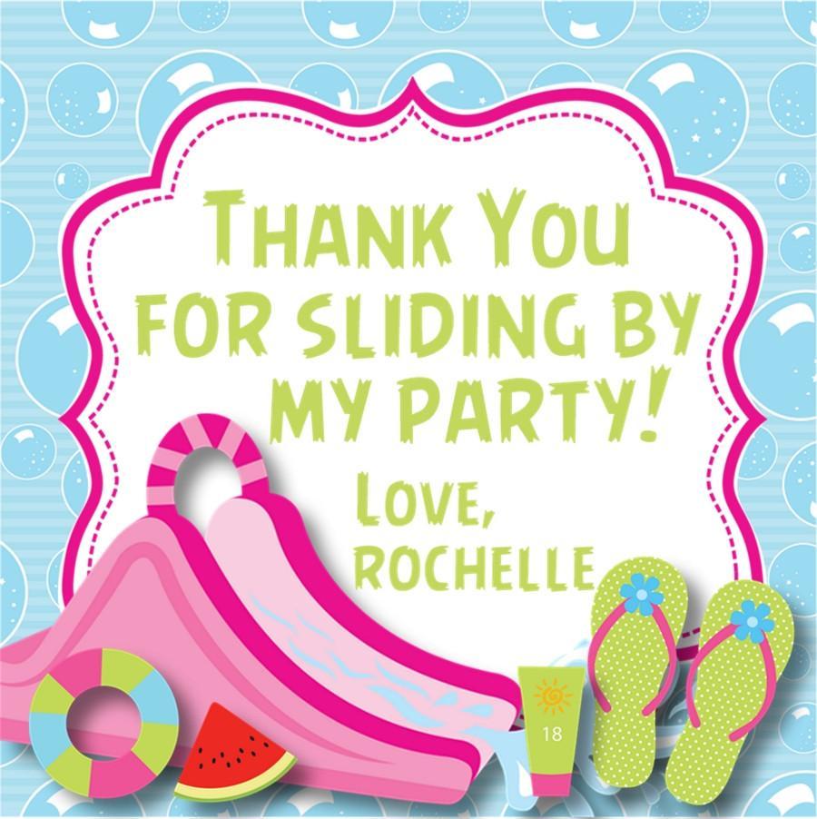 Pink waterslide birthday sticker with summer accessories