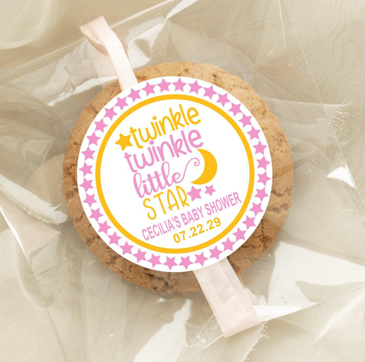 Pink yellow celestial baby shower sticker with moon and stars