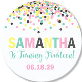 Pink yellow teal confetti favor label for birthday party