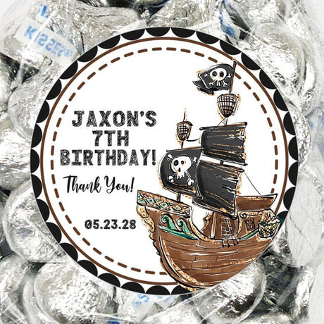 Pirate party favor label with watercolor ship and distressed details