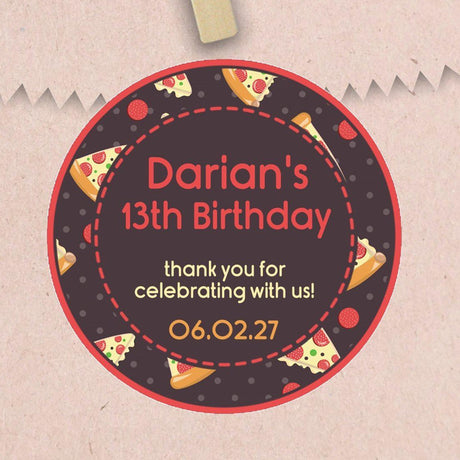 Pizza birthday sticker with personalized name and date