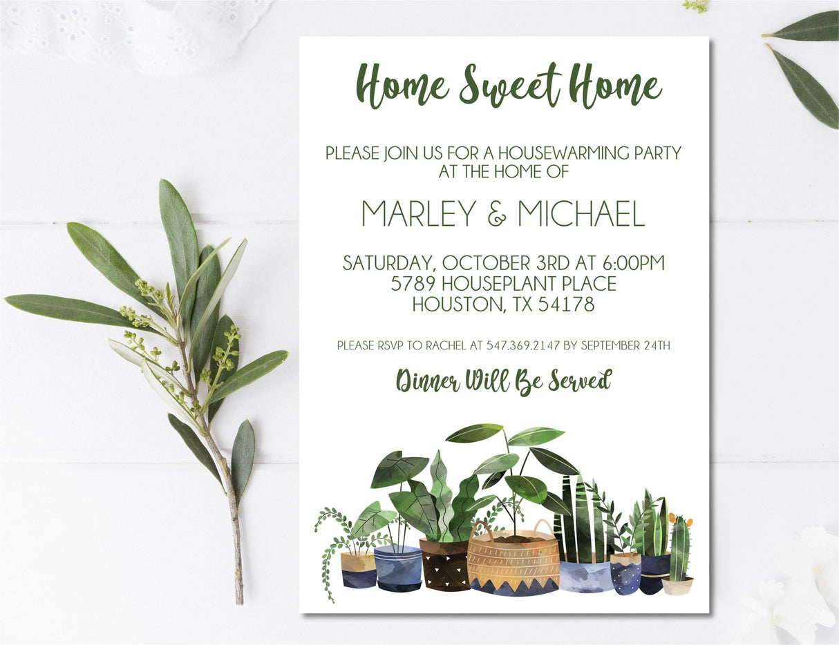 Plant themed housewarming party invitation with modern greenery design