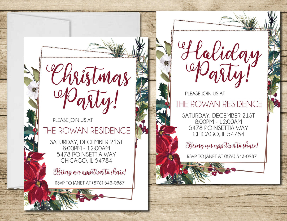 Poinsettia Christmas Or Holiday Party Invitations